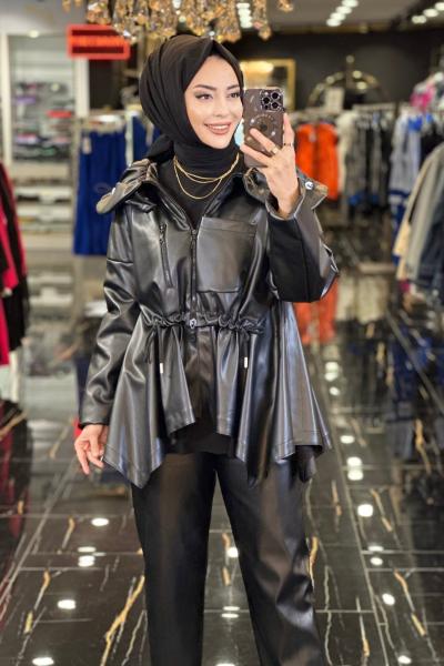 BZ1310 Yaka Bel Büzgülü Deri Mont Siyah