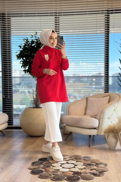 HWN9025 Kalp Broşlu Scuba Sweat Kırmızı