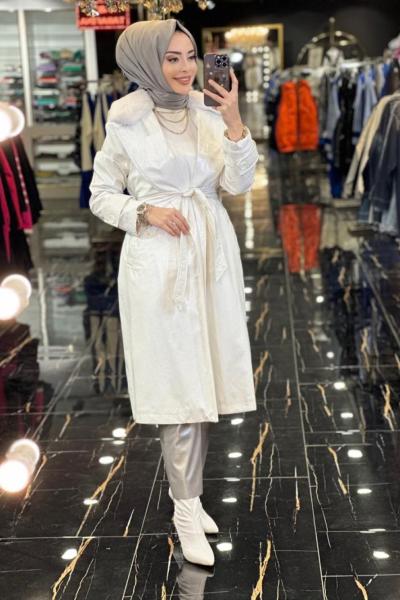 MB2566 Rugan Çıkarılabilir Kürk Detaylı Kaban Ekru