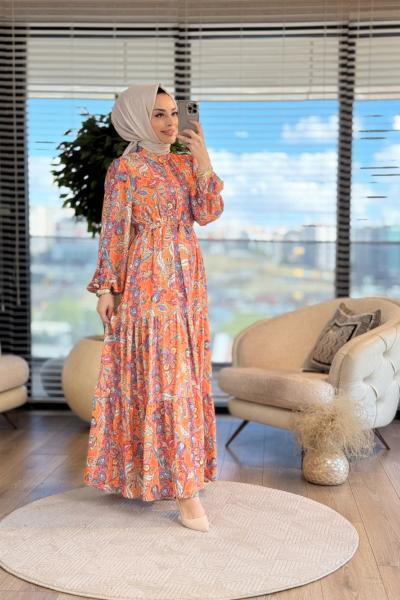 MRW1217 Desenli Elbise Oranj