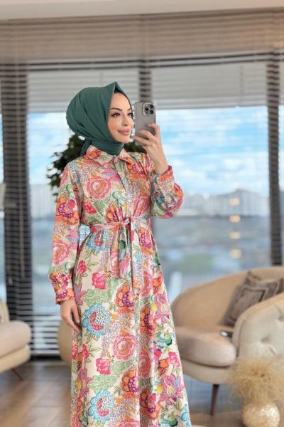 MRW1353 Renkli Çiçekli Elbise Standart
