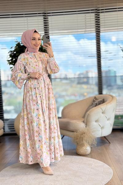 MRW1372 Fas Çiçek Desenli Elbise Pembe