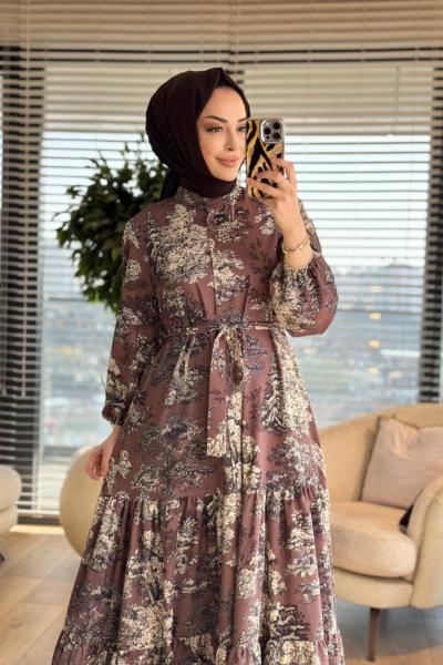 MRW1727 Desenli Elbise Kahverengi