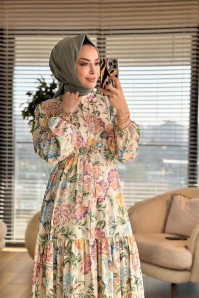 MRW1740 Desenli Elbise Yeşil