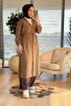 MRW1794 V Yaka Düğmeli Uzun Keten Gömlek Kahve