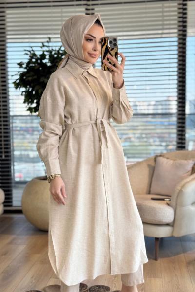 MRW1811 Uzun Keten Gömlek Taş