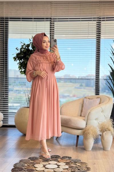 PR5708 Şifon Üstü Lastik Büzgülü Elbise Pudra