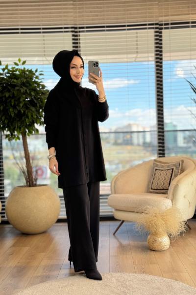 W5981 Önden Düğmeli Tencel Pantolon Takım Siyah