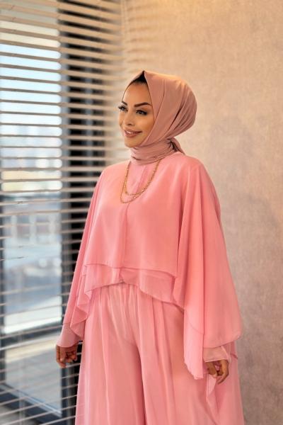 Y-2414 Stella Şifon Pantolonlu Takım Pembe