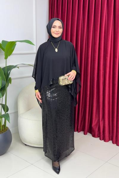 DİLA PELERİNLİ ELBİSE - SİYAH