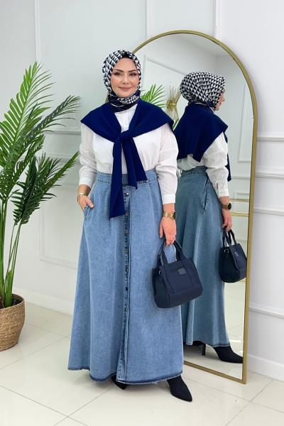 DÜĞMELİ DENİM ETEK - MAVİ